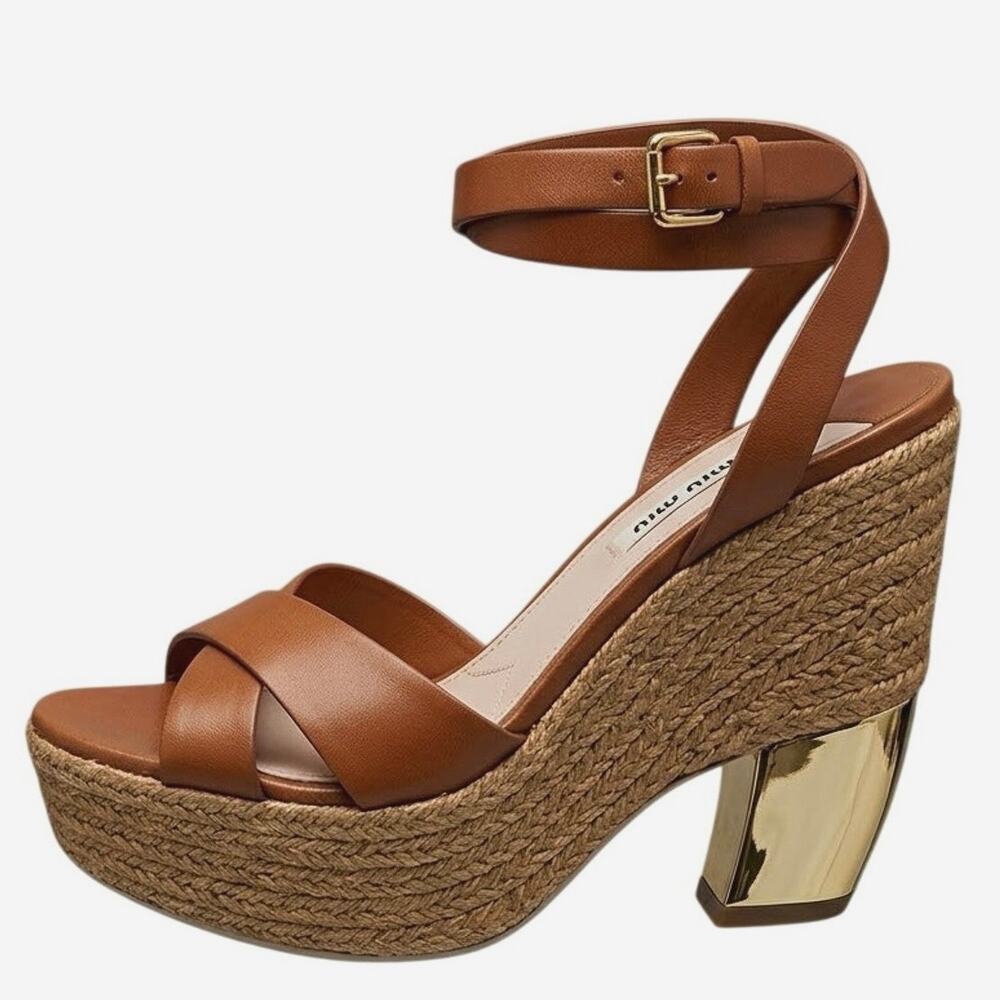 Miu Miu Rope Wedge Sandal Brown Leather Gold Heel Platfor